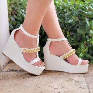 Women's Gold Chain High Wedge Platform White Color